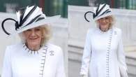 Queen Camilla Goes Black and White in Anna Valentine Dress With Coordinated Hat for VE Day Thanksgiving Service