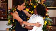 Meghan Markle Suits Up in Navy Veronica Beard Waistcoat and Trousers for First Day of Colombia Visit with Prince Harry