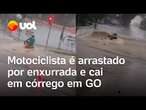 Motociclista é arrastado por enxurrada e cai em córrego em Mineiros (GO); vídeo mostra momento