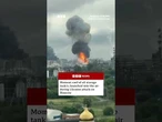 Oil storage tank's roof launched into the air during Ukrainian attack on Moscow #BBCNews