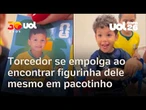 Pequeno torcedor do Brasil se empolga ao encontrar figurinha dele mesmo em pacotinho; veja reação