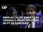 Nikolas Ferreira cai no chão durante tumulto na Câmara e acusa deputada do PT de agressão