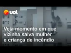 Apartamento pega fogo, e vizinha usa tubulação para salvar mulher e criança no PR; veja vídeo