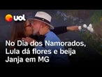Lula dá flores e beija Janja durante evento em Minas Gerais em comemoração ao Dia dos Namorados