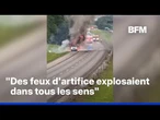 États-Unis: un camion chargé de feux d'artifice prend feu sur une autoroute