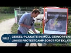 PROTESTCAMP-SKANDAL: WELT-Reporter fischt abgerissene Plakate von Hamas-Geiseln aus dem Müll!