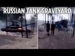 Shell-shocked Russian troops walk through TANK GRAVEYARD after Ukrainian strike destroys base