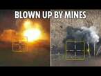 Moment Ukrainian remote mines take out Russian heavy equipment in huge explosions