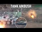 Cowering Russians ambushed and wiped out by Ukrainian tank as they try to hide from drone