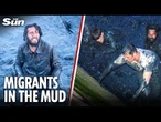 Thick mud TRAPS channel migrants on UK-bound dinghy hours before Macron crunch talks