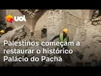 Palestinos começam a restaurar o histórico Palácio do Pachá, danificado na guerra em Gaza