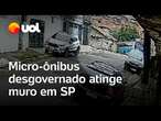 Micro-ônibus desgovernado atinge muro de casa no Jabaquara, em São Paulo; 3 pessoas ficam feridas