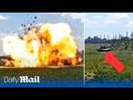 Moment Russian tank explodes following a Ukrainian drone strike