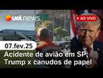 Brasileiros deportados dos EUA chegam em 2º voo; Trump vetará canudos de papel; avião cai em SP