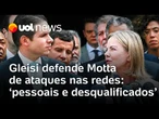 Gleisi defende Hugo Motta de ataques nas redes socias após derrubado do IOF pelo Congresso