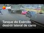 Tanque do Exército destrói lateral de carro estacionado em rua de Ponta Grossa; veja