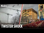 Moment huge tornado strikes Paris suburb destroying three cranes and leaving at least one dead
