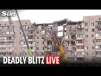 LIVE: View of collapsed building after Russia unleashes missile & drone strikes on Kyiv