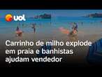 Carrinho de milho explode e pega fogo na praia de Copacabana, no Rio de Janeiro; veja vídeo