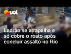 Ladrão se atrapalha, derruba itens e não consegue cobrir o rosto durante assalto a hotel no Rio