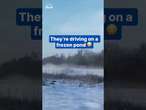 Idiot Drifting In Pickup Truck Around Frozen Pond Falls Through The Ice