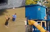 Tobogán y voleibol en calles inundadas de Tampico se vuelven virales (VIDEOS)