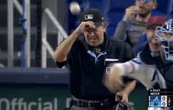Umpire Alfonso Márquez sale en la segunda entrada de Bravos-Marlins tras recibir pelotazo (Video)