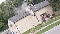 Car flies off road and crashes into veterans hall — again