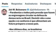 Bolsonaro posta no X pela 1ª vez após bloqueio com críticas a Moraes