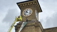 Protester clutching a dog climbs clocktower at mainline train station