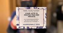 Pro-Harris sticky notes pop up in women's restrooms and gyms and on tampon boxes