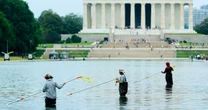 Blue paint seen chipping off Lincoln Memorial Reflecting Pool after algae turns it green
