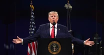 Trump thanks those who stayed for his remarks after weather delays