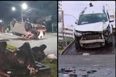 Carro capota após bater em poste de sinalização em avenida de Salvador