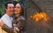Após ter casa atingida por incêndio, esposa de Regis Danese queima boneco labubu