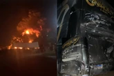 Caminhão pega fogo após bater em ônibus da banda Canários do Reino