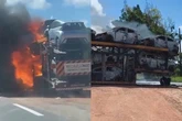Caminhão-cegonha pega fogo e interdita trecho da BR-101