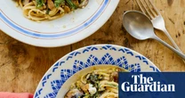 Thomasina Miers’ recipes for mushroom linguine with chard, and poached pears with spiced hazelnut crumble