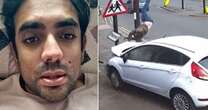 Shocking moment man jumps to avoid impact as Ford Fiesta careers onto pavement