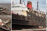 Eerie images show decaying 'Fun Ship' which has been beached on Welsh coast for 45 years