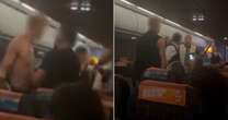 Moment brawling easyJet passenger rips shirt off as captain begs him to stop