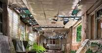 Inside creepy abandoned hospital with plants growing through the walls