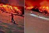 Adrenaline junkies film themselves skiing down erupting volcano as hot lava bubbles