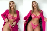 Model mixes business with pleasure by flashing lingerie under powerful suit