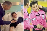 Ref battered on pitch by club president pictured in hospital with neck brace after attack
