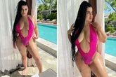Model flaunts curves and intimate tattoo as she tries frontless swimsuit trend