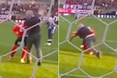 Football fan tries to punch player with 'embarrassing' results as lifetime ban demanded