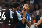 Mason Greenwood reacts after shirt is ripped by Aston Villa star in furious brawl