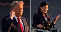 Donald Trump steps off plane with dog food eating conspiracy theorist who said Kamala Harris not black