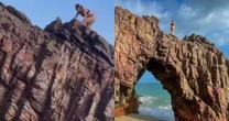 Tudo por like? Influenciadora ignora proibição e sobe na Pedra Furada de Jeri